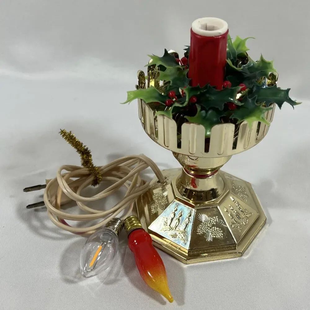 Vintage Blow Mold Plastic Light Up Candle Christmas Holly Lamp Electric Window